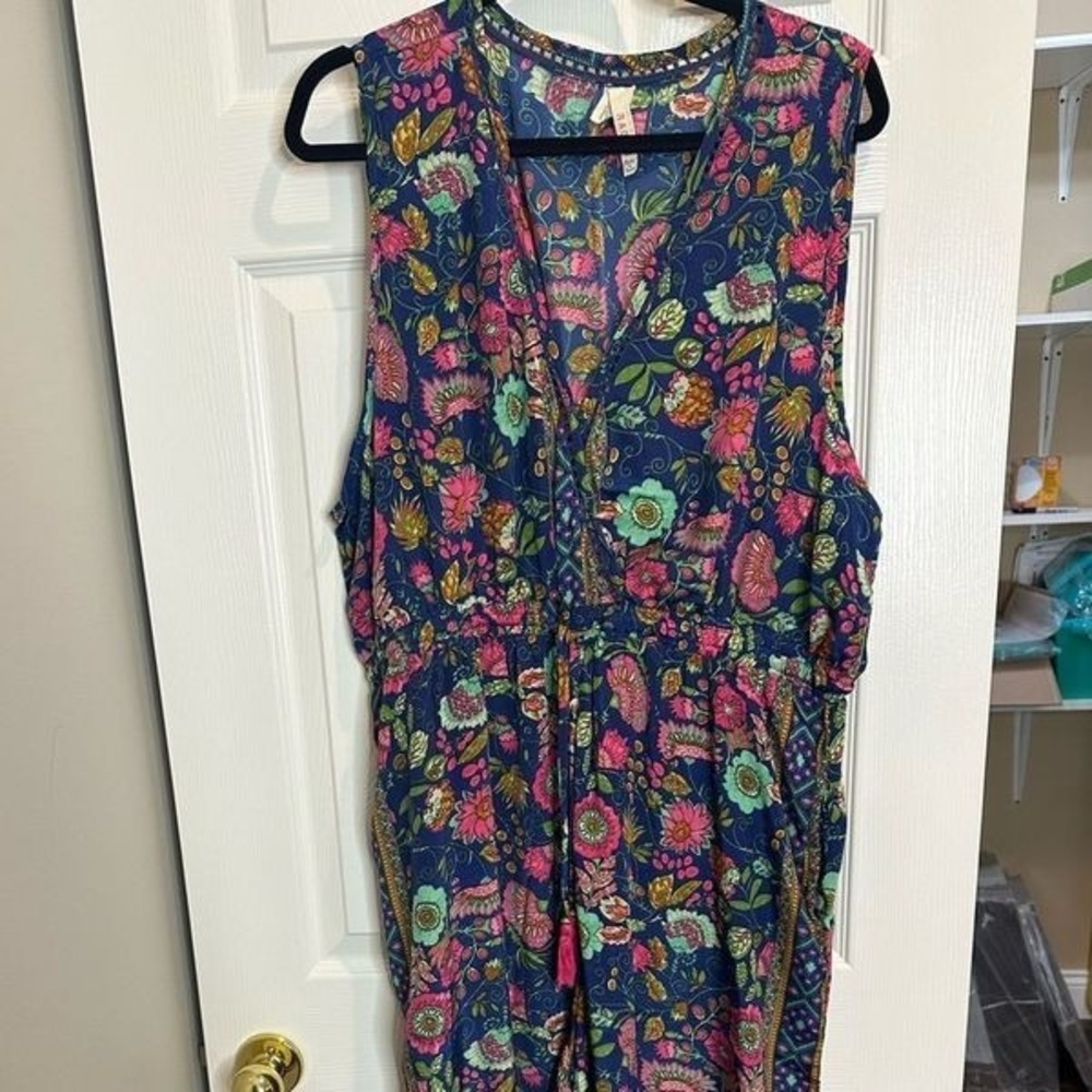 Raga Womens 2X Blue Floral Paisley Sleeveless Tassel Jumpsuit RW3487